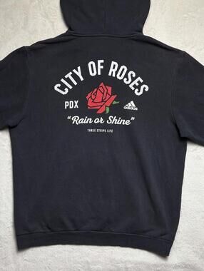 Adidas City of Roses Portland PDX Hoodie Men's Large Black Rain or Shine Graphic
